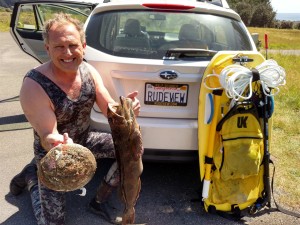 Roger Rude with a ten+ inch Abalone and a Lingcod by Jack Likins (Large)