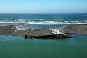 High surf reaches the stranded tree in the Gualala River lagoon by Bob Rutemoeller