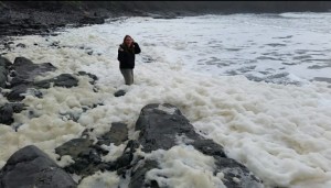Dede Plaisted wading in sea foam, courtesy of Dede Plaisted