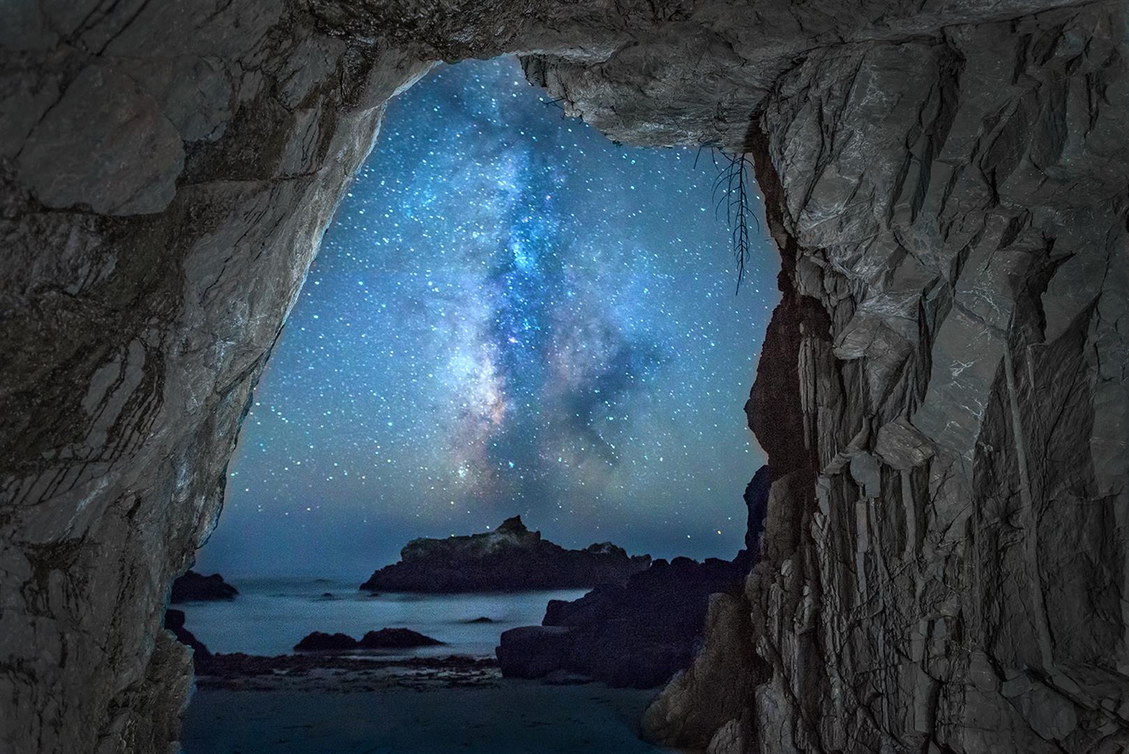 Supermoon Lunar Eclipse, Sea Ranch, Sea cave and the Milky Way, Paul Kozal